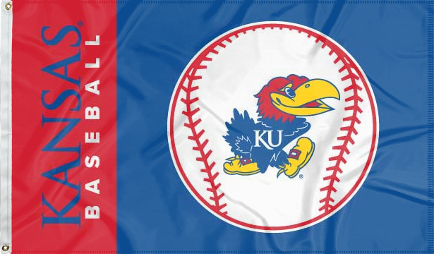 Blue and red 3x5 University of Kansas Baseball Flag with two metal grommets for indoor home décor