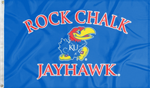 Load image into Gallery viewer, blue University of Kansas Rock Chalk Jayhawk Flag for man cave decor
