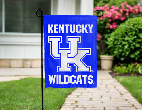 University of Kentucky Garden Flag hung outside for yard decor