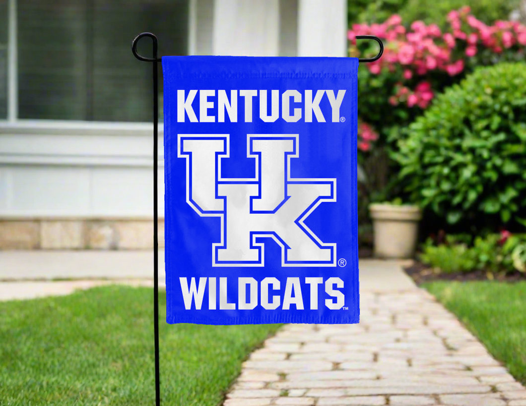 University of Kentucky Garden Flag hung outside for yard decor