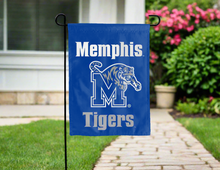 Load image into Gallery viewer, blue university of memphis garden flag hung outside for yard decor
