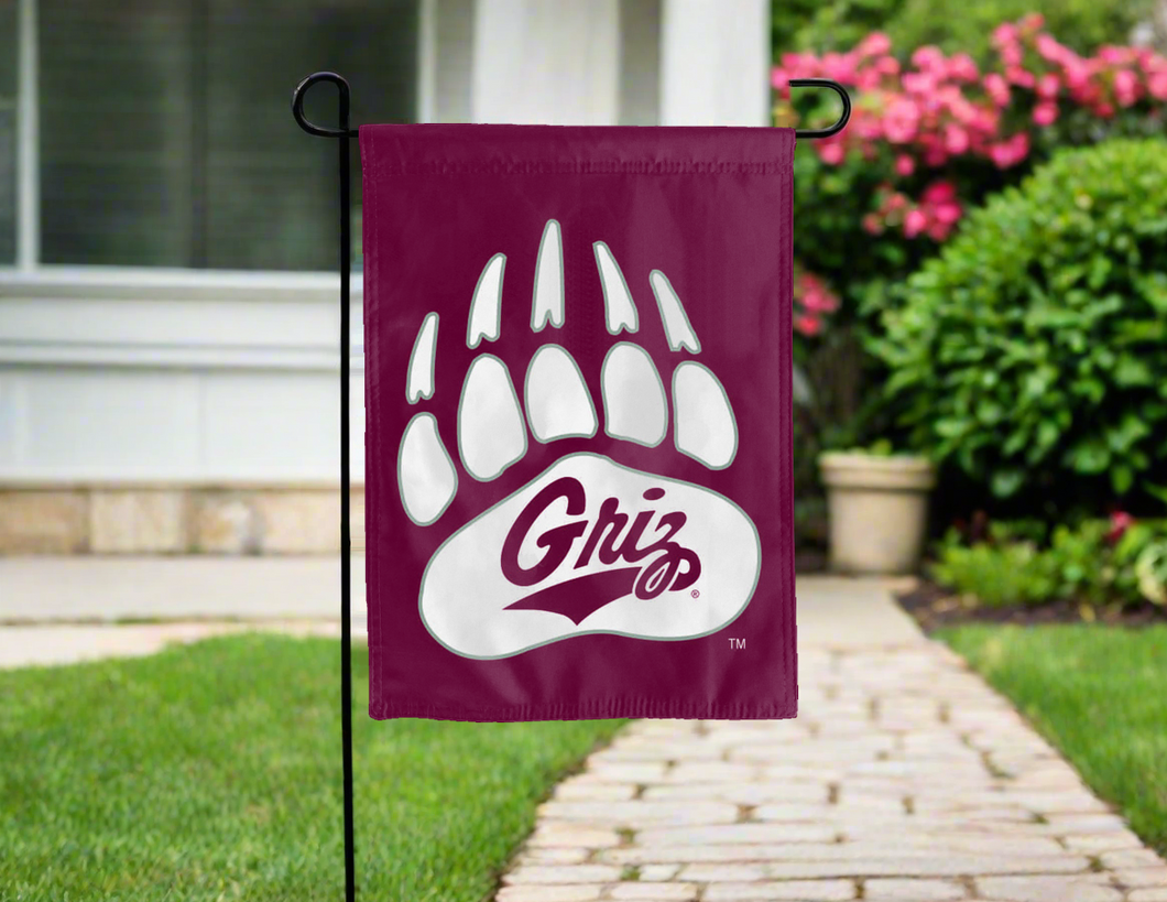 University of Montana Garden flag with Griz Paw logo for yard decor