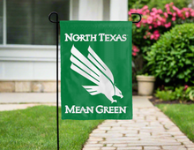 Load image into Gallery viewer, green garden flag for yard decor with north texas mean green logo
