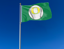 Load image into Gallery viewer, Green University of Oregon Baseball 3x5 Flag attached to flagpole waving in the wind
