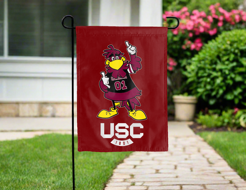 USC Cocky Gamecock garden flag hung outside for yard decor