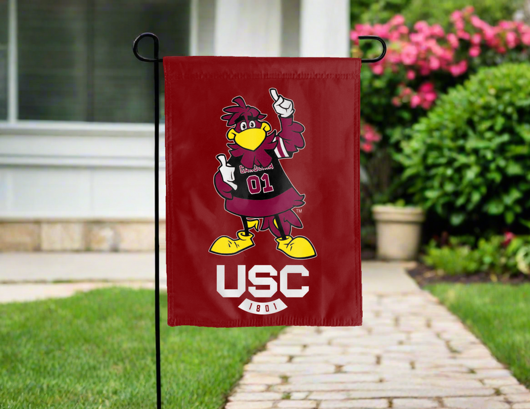 USC Cocky Gamecock garden flag hung outside for yard decor