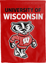 Load image into Gallery viewer, red University of Wisconsin House Flag for yard and man cave decor
