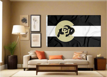 Load image into Gallery viewer, State of Colorado Style University of Colorado Flag with three black white and black horizontal stripes and Gold C Logo filled with Buffaloes logo On top of the stripes and two metal grommets covering the tan wall of a well-organized room with couch and pillows
