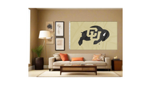 Load image into Gallery viewer, Gold 3x5 feet wide University of Colorado Buffaloes Flag with two metal grommets covering the tan wall inside of a well organized room with couch pillows and light
