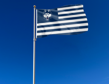 Load image into Gallery viewer, 3x5 foot wide University of Connecticut (UCONN) National Flag with seven navy stripes 6 white stripes and two metal grommets attached to flagpole waving in the wind
