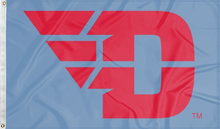 Load image into Gallery viewer, Light blue 3x5 foot wide University of Dayton Flag with red D logo and two metal grommets 
