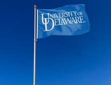 Load image into Gallery viewer, Blue 3x5 foot wide University of Delaware Flag with white University Logo and two metal grommets attached to flagpole waving in the wind
