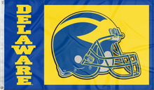 Load image into Gallery viewer, Blue 3x5 foot wide University of Delaware flag with football logo inside gold square and two metal grommets
