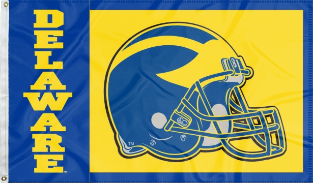 Blue 3x5 foot wide University of Delaware flag with football logo inside gold square and two metal grommets