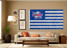 Load image into Gallery viewer, 3x5 foot wide University of Detroit Mercy flag with seven blue stripes six grey stripes and two metal grommets covering the tan wall of a living room
