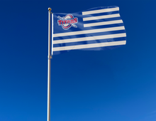 Load image into Gallery viewer, quadruple stitched flyends of 3x5 foot wide University of Detroit Mercy flag with seven blue stripes six grey stripes and two metal grommets
