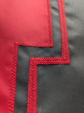 Load image into Gallery viewer, Red N logo sewn onto black three by five foot University of Nebraska Applique flag with two metal grommets
