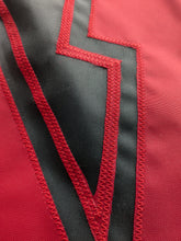 Load image into Gallery viewer, Red N logo sewn onto black three by five foot University of Nebraska Applique flag with two metal grommets

