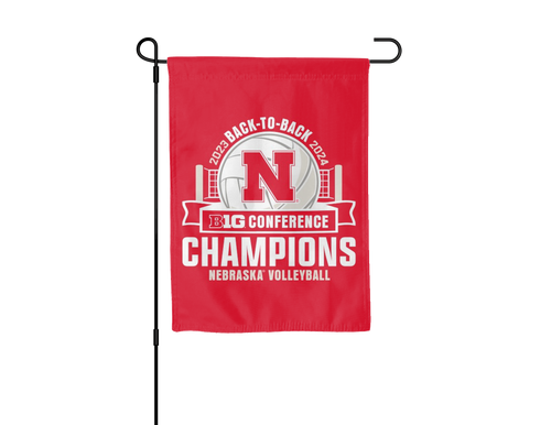 Red 13x18 inches long University of Nebraska Huskers BIG Ten Conference Volleyball 2024 Champions Garden Flag hanging on black garden flag stand