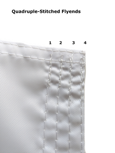 White quadruple stitched flyends of university of Nebraska applique flag with two metal grommets