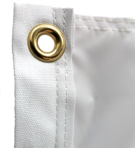 Gold Metal grommet on white sleeve of White three by five foot wide University of Nebraska Lincoln Applique flag with two metal grommets 