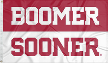 Load image into Gallery viewer, Red and White 2 Panel 3x5 University of Oklahoma Flag with Boomer Sooner Logo and two metal grommets
