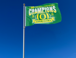 3x5 foot Green University of Oregon Football BIG Ten Football Championship 2024 Champions Flag with two metal grommets attached to a flagpole waving in the wind