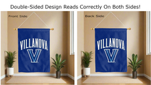 Load image into Gallery viewer, villanova university v logo reading correctly on both sides of blue double sided house flag

