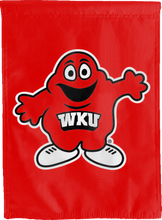 Load image into Gallery viewer, Red WKU House flag with mascot Big Red logo hung for man cave decor
