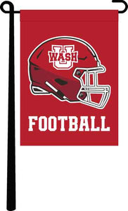 Red 13 by 18 inch long Washington University in St. Louis Bears Football Garden Flag hanging on black garden flag stand