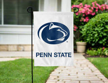 Load image into Gallery viewer, white penn state double sided garden flag hung outside for yard decor
