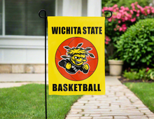 Load image into Gallery viewer, Wichita state basketball garden flag hung outside for yard decor
