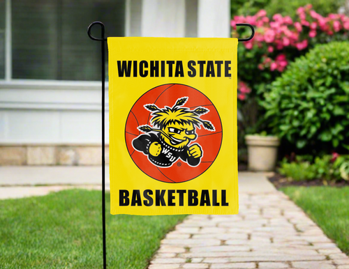 Wichita state basketball garden flag hung outside for yard decor