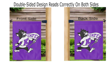 Load image into Gallery viewer, Willie the Wildcat logo reading correctly on both sides of KSU garden flag
