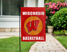 Load image into Gallery viewer, Wisconsin badgers basketball garden flag hung outside for yard decor

