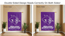 Load image into Gallery viewer, abilene christian wildcats logo reading correctly on both sides of purple double sided house flag
