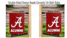 Load image into Gallery viewer, Alabama A alumni logo reading correctly on both sides of double sided garden flag
