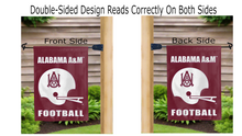Load image into Gallery viewer, alabama A&amp;M football logo reading correctly on both sides of maroon double sided garden flag
