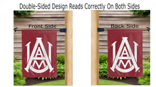 Load image into Gallery viewer, alabama A&amp;M university logo reading correctly on both sides of maroon double sided garden flag
