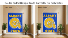 Load image into Gallery viewer, albany state university logo reading correctly on both sides of blue double sided house flag

