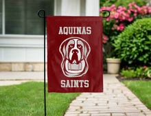 Load image into Gallery viewer, red aquinas college double sided garden flag hung outside for yard decor
