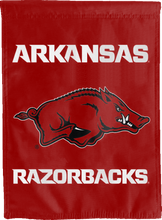 Load image into Gallery viewer, red double sided house flag with arkansas razorbacks logo for decor
