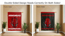 Load image into Gallery viewer, arkansas razorbacks logo reading correctly on both sides of red and black  double sided house flag
