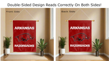 Load image into Gallery viewer, arkansas razorbacks logo reading correctly on both sides of red double sided house flag
