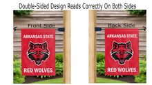 Load image into Gallery viewer, arkansas state red wolves logo reading correctly on both sides of red double sided garden flag

