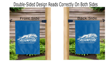 Load image into Gallery viewer, assumption greyhounds logo reading correctly on both sides of blue double sided garden flag
