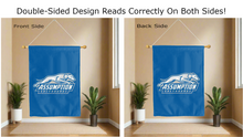 Load image into Gallery viewer, assumption greyhounds logo reading correctly on both sides of blue double sided house flag
