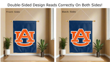 Load image into Gallery viewer, auburn university logo reading correctly on both sides of blue double sided house flag
