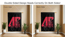 Load image into Gallery viewer, austin peay state logo reading correctly on both sides of black double sided house flag
