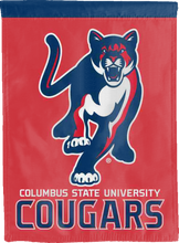 Load image into Gallery viewer, back side of blue and red columbus state university cougars double sided house flag for game day decor
